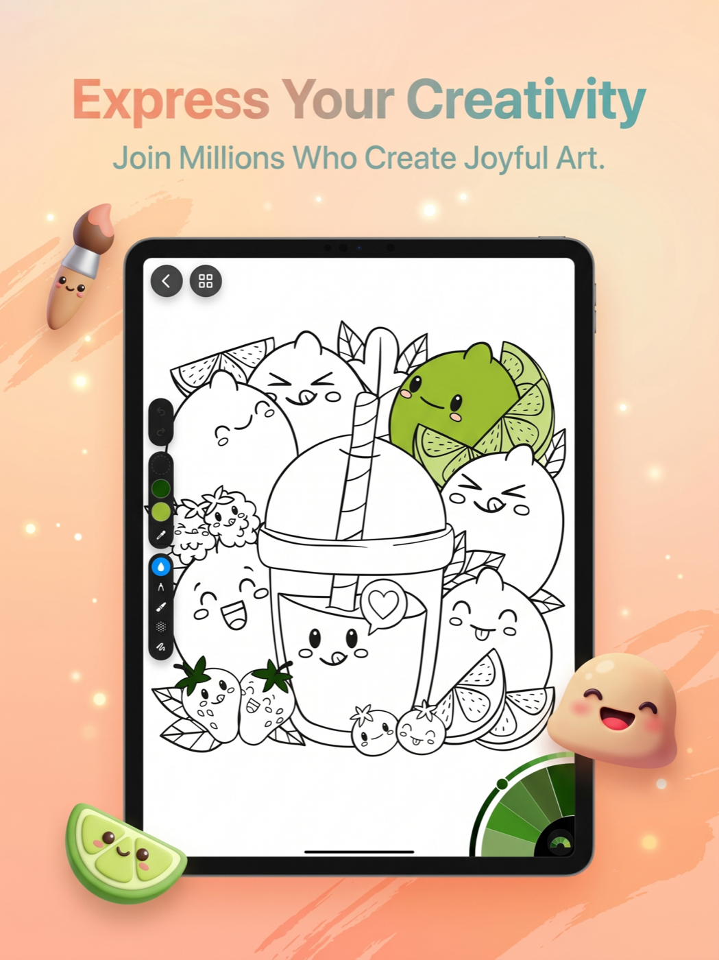 Color a kawaii lemonade scene with the marker and palette